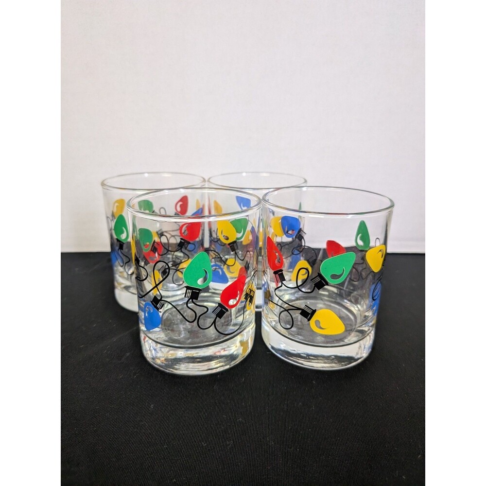 4 Christmas Lights Rocks Juice Glasses Double Old Fashioned String Of Colored